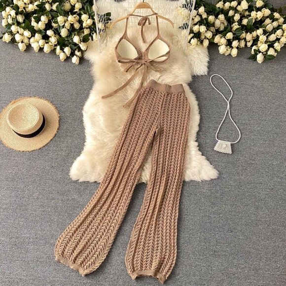 Crochet Outfit Set Two Piece Crop Top/Pants Brown Medium Halter Hollow Beach - Picture 2 of 10